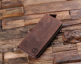 Clutch Wallet Monogrammed Brown Genuine Leather Long Wallet | Etsy