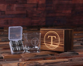 Whiskey Scotch Glass Set, Stainless Steel Ice-Cubes Sipping Stones, Wood Box