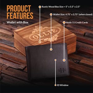 May include: A brown leather wallet with a personalized monogram and an ID window. The wallet comes in a rustic wooden box with the text "Gift" engraved on the lid. The box measures 5 inches by 5.5 inches by 2.5 inches. The wallet measures 4.75 inches by 3.75 inches when closed and holds 11 credit cards.