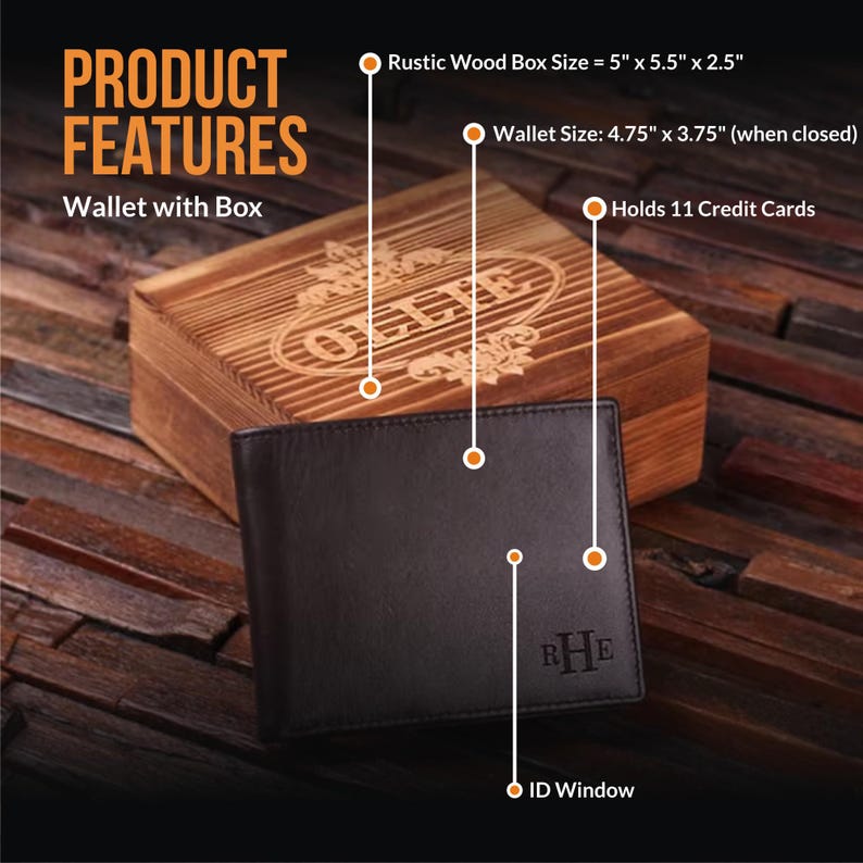 May include: A brown leather wallet with a personalized monogram and an ID window. The wallet comes in a rustic wooden box with the text "Gift" engraved on the lid. The box measures 5 inches by 5.5 inches by 2.5 inches. The wallet measures 4.75 inches by 3.75 inches when closed and holds 11 credit cards.
