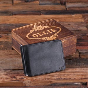 ¡NUEVO! Cartera de viaje para hombre de cuero grabado con monograma personalizado, de corte ajustado, con clip para billetes y caja de regalo de madera opcional para padrinos de boda y padrinos de boda
