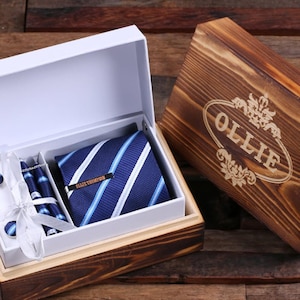Tie Clip Cuff Links Pocket Square Tie and Wood Box