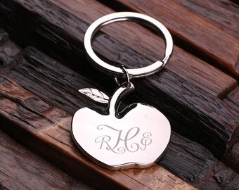 Personalized Monogrammed Apple Key Chain for Women, Girlfriend, Teacher Gift, Birthday Mother's Day Gift Idea with Wood Gift Box