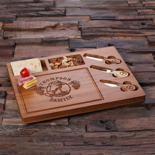 Personalized Bamboo Wood Cutting Bread Cheese Serving Tray Board with Tools (025209)