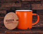 11 oz. Personalized Orange Enamel, Ceramic Porcelain Coffee Cup Mug with Engraved Bamboo Lid