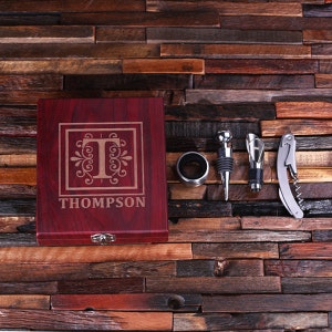 Personalized 5pc Wine Accessories Tool Kit Gift Set Engraved or Monogrammed on Wood Not Cheap Looking 024348 image 1