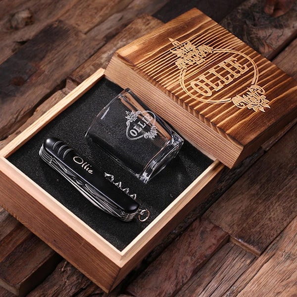 Personalized Engraved Monogrammed Pocket, Shot Glass Knife with Gift Box Groomsmen, Father's Day Gift For Men (024903)