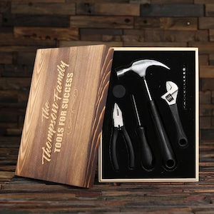 Personalized Tool Set with Hammer, Pliers and other Tools Monogrammed Engraved Box Construction Worker Carpenter Handyman Tool Kit