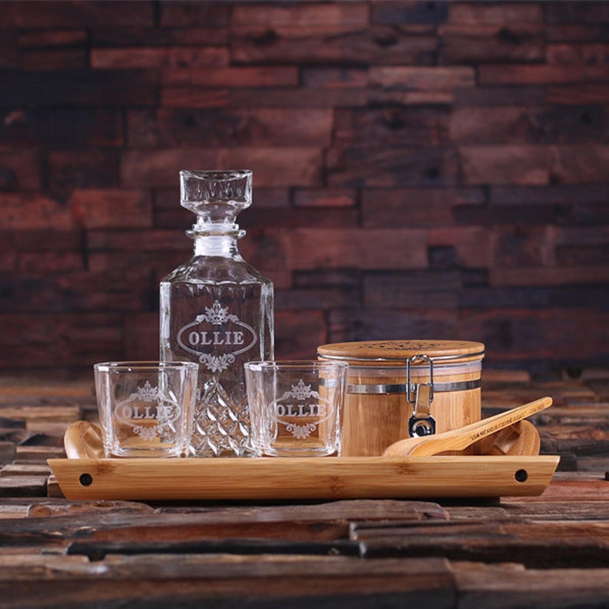 Whiskey Decanter Set With Glasses Wood Tray and Ice Bucket - Etsy
