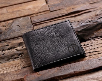 Monedero personalizado con monograma grabado de cuero, billetera plegable para hombre con cremallera, caja de regalo de madera, regalo para padrinos de boda, padrinos de boda, día del padre