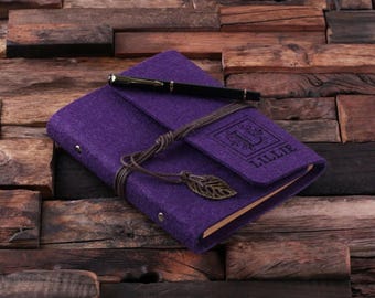 Purple Monogrammed Personalized Felt Engraved Notebook Diary, Journal, Sketchbook , Bridesmaid Holiday Christmas Customized Gift