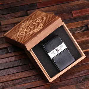 Personalized Leather Engraved Monogrammed Business Card Holder Groomsmen, Graduation, Christmas Holiday Gift Him and Her