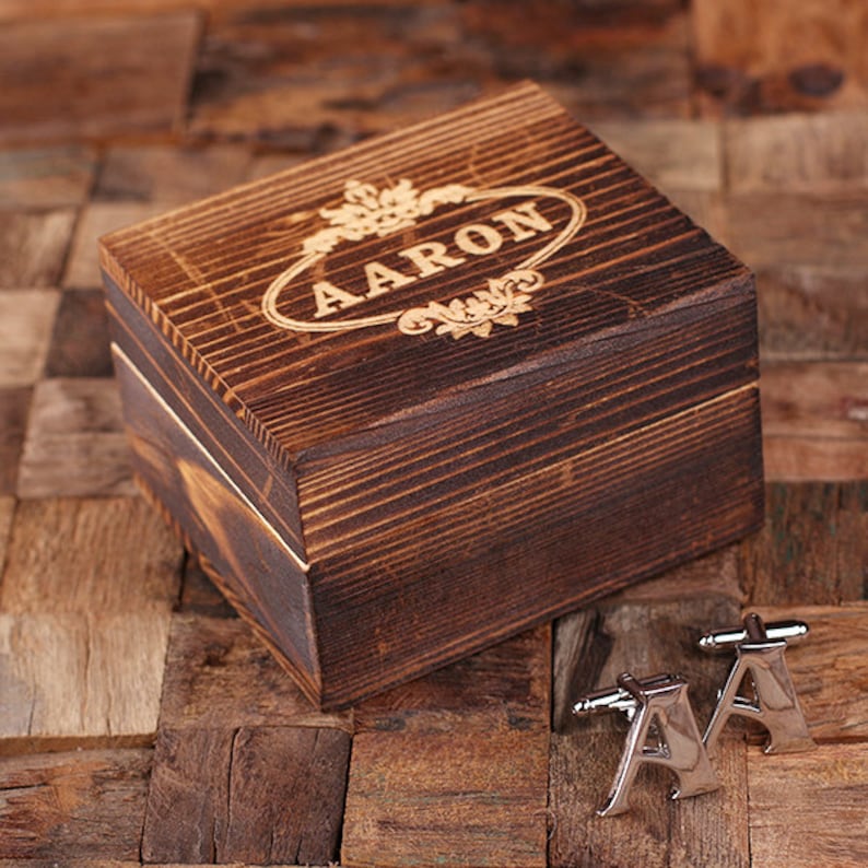 Initial A Personalized Men/'s Classic Cuff Link with Wood Box Monogrammed Engraved Groomsmen Best Man Father/'s Day Gift