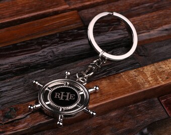 Personalized Monogrammed Ship Wheel Key Chain Men, Boyfriend, Birthday Father's Day Gift Idea with Wood Gift Box