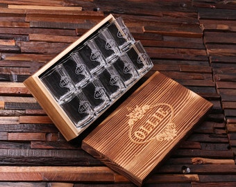 Personalized Shot Glasses (10) with Wood Box Groomsmen, Best Man, Man Cave Gift Barware (024968)