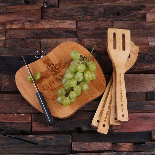 HOT DEAL Monogrammed Wood Cutting Board with 4pc Personalized Bamboo Kitchen Spoons, Quotes, Sayings Unique Engraved Gift