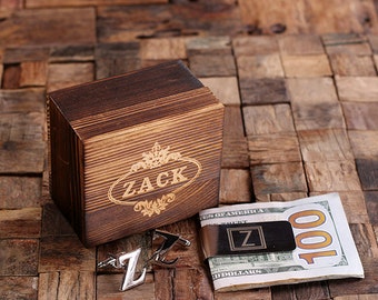 Initial " Z " Classic Cuff Link & Money Clip with Wood Box