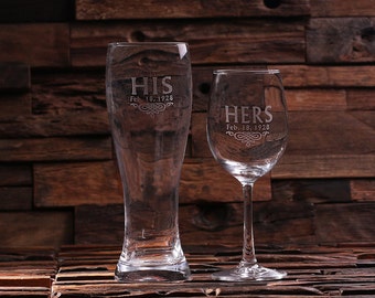 Personalized His and Hers Mr. and Mrs. Wine Glass and Beer Glass With Wood Gift Box