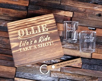 Biker Shot Glasses and Personalized Leather Keychain, Gift for Biker Dad, Gift for Biker Boyfriend, Biker Drinking Gifts, Motorcycle Gifts