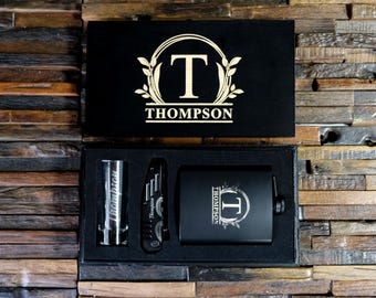 Flask, Tactical Knife & Shot Glass Gift Set - Custom Wood Box - Birthday gift for Husband, Boyfriend, Father, Dad, Son, Brother, Male Cousin