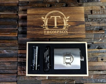 Flask, Pocketknife Shot Glass Gift Set Custom Cherrywood Box - Birthday gift for Husband, Boyfriend, Dad, Son, Brother, Father's Day Gift