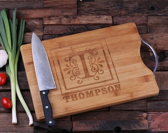 Personalized Wood Cutting Chopping Board Engraved and Monogrammed with Steel Handle Grip  Not Cheap Looking (024187)