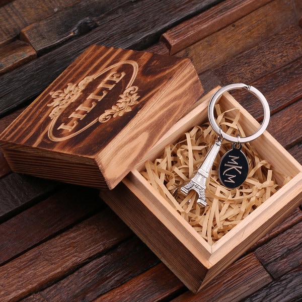 Personalized Monogrammed Eiffel Tower Key Chain for Women, Girlfriend, Birthday Mother's Day Gift Idea with Wood Gift Box