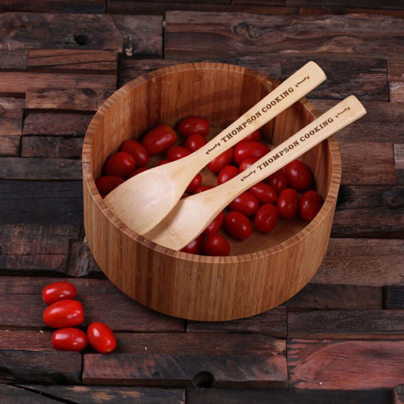 Personalized Wood Salad Bowl With Spoons Engraved and Etsy