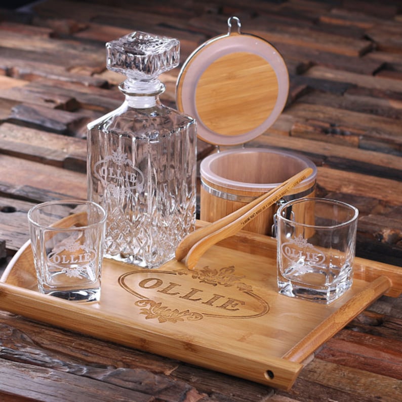 Whiskey Decanter Set With Glasses Wood Tray and Ice Bucket Etsy
