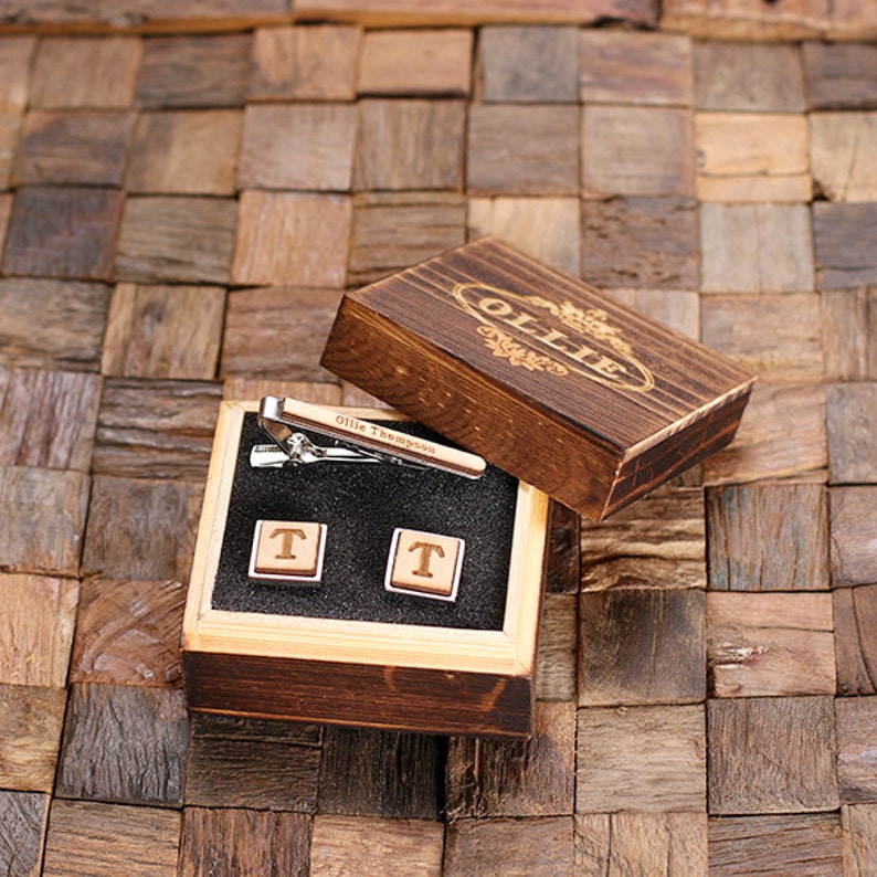 Best Man Father/'s Day Gift Personalized Men/'s Classic Round Wood Cuff Link and Wood Tie Clip Monogrammed Engraved Groomsmen