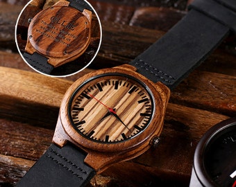 Engraved Wood Watch Personalized Custom Bamboo Leather Straps Gift for Men, Dad, Father's Day Groomsmen Watch