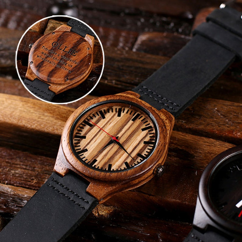 Engraved Wood Watch Personalized Custom Bamboo Leather Straps Gift for Men, Dad, Father's Day Groomsmen Watch image 1
