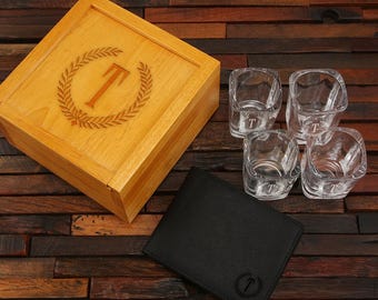 Personalized Shot Glasses (4) and Leather Wallet with Oak Keepsake Box Engraved