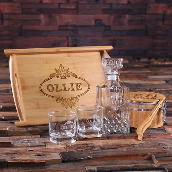 Whiskey Decanter Set With Glasses Wood Tray and Ice Bucket - Etsy