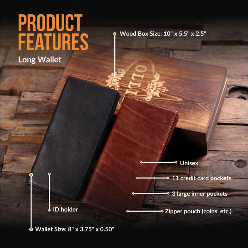 Cartera larga de dos pliegues con diseño de pecho, personalizada, de cuero grabado con monograma y caja de regalo de madera, billetera para hombre o mujer, funda para chequera imagen 2