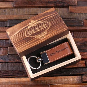 Personalized Leather Engraved Key Chain Key Ring with Wood Box Handsome Groomsmen, Corporate or Promotional Gift (024917)