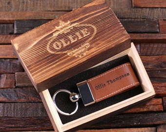 Personalized Leather Engraved Key Chain Key Ring with Wood Box Handsome Groomsmen, Corporate or Promotional Gift (024917)