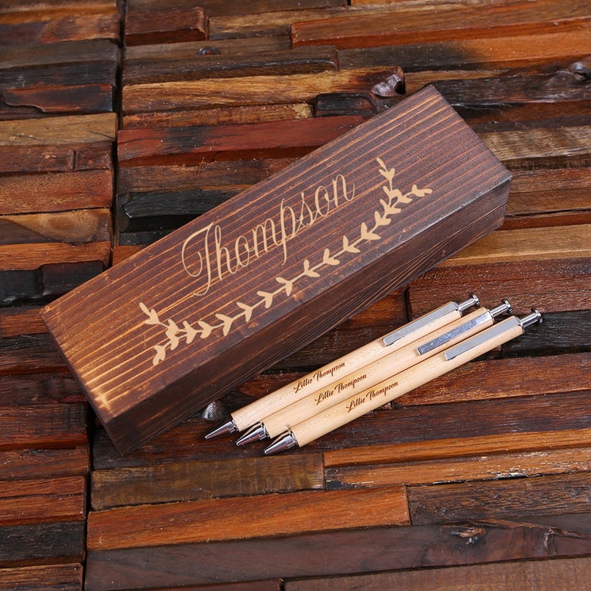 Three Personalized Wood Pen & Keepsake Box Set