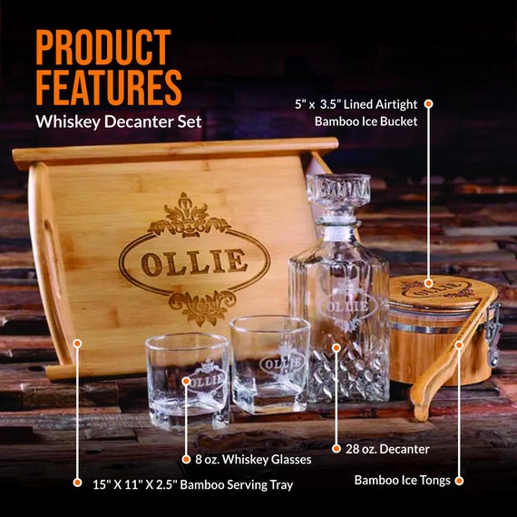 Whiskey Decanter Set With Glasses Wood Tray and Ice Bucket - Etsy