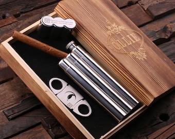 Personalized Stainless Steel Cigar Holder Case with Whiskey Flask and Cutter Father's Day, Groomsmen Gift