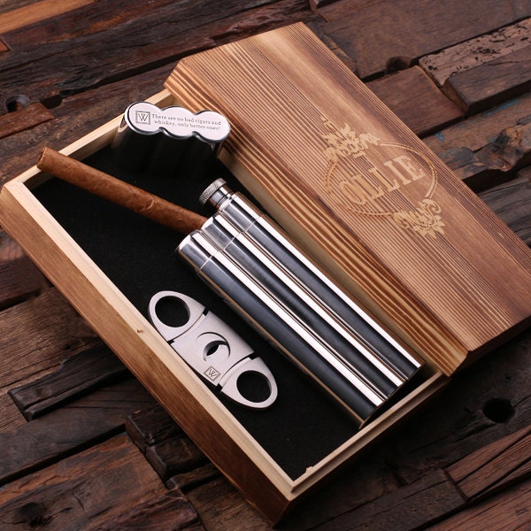 Personalized Stainless Steel Cigar Holder Case with Whiskey Flask and Cutter Father's Day, Groomsmen Gift