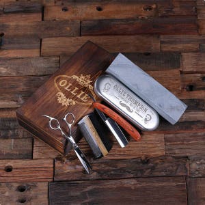 Straight Razor Blade, Wood Comb, Scissors & Sharpening Stones with Wood Box