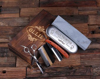 Straight Razor Blade, Wood Comb, Scissors & Sharpening Stones with Wood Box