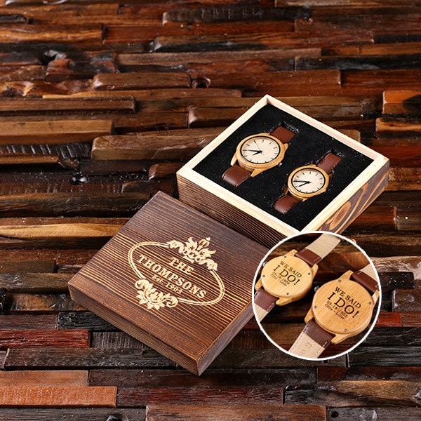 His & Hers Engraved Wood Watch Personalized Custom Bamboo Leather Straps, Dad, Wedding Couple Watch, Wood Anniversary, Rustic Wedding Gift