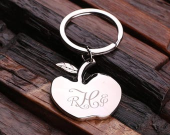 Personalized Monogrammed Apple Key Chain for Women, Girlfriend, Teacher Gift, Birthday Mother's Day Gift Idea with Wood Gift Box