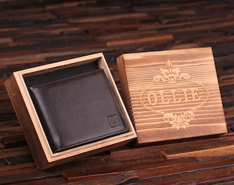 Personalized Monogrammed Engraved Genuine Leather Bifold Mens Wallet with Optional Wood Gift Box Groomsmen, Best Man, Father's Day Gift