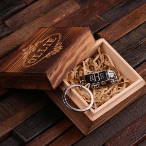 Personalized Monogrammed Trucker, Truck Driver Key Chain Men, Boyfriend, Birthday Father's Day Gift Idea with  Wood Gift Box