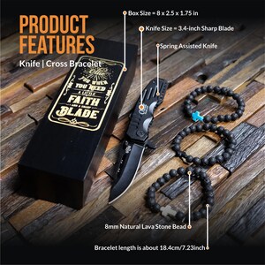May include: A black box with a gold inscription that reads "For when you need a little faith and a sharp blade". The box contains a black spring-assisted knife with a 3.4-inch blade and a black lava stone bracelet with a silver cross charm. The bracelet is 7.23 inches long.