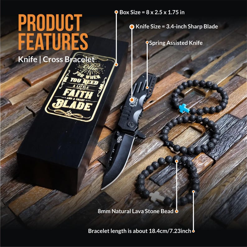 May include: A black box with a gold inscription that reads "For when you need a little faith and a sharp blade". The box contains a black spring-assisted knife with a 3.4-inch blade and a black lava stone bracelet with a silver cross charm. The bracelet is 7.23 inches long.