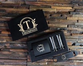 7oz Flask, Vodka Shot Glasses Bottle Opener Set - Custom Wood Box - Birthday Gift for Him, Father's Day Christmas, Valentines, Graduation